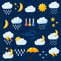 Weather symbols in cartoon style. Elements for weather forecast. Thunderstorm, lightning, rain, showers, cloud, drops