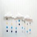 Weather symbols. Handmade room decoration clouds with rain drops