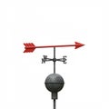 Weather vane featuring a red arrow on top of a pole mounted above a gray sphere.