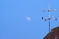 A weather vane on the roof pointing at the full moon.