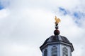 Weather vane roof top chicken rooster painted gold with cloudy blue sky