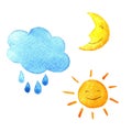 Weather watercolor set of icons. Cute smiling sun, moon, star, drops, and cloud. hand painted illustration. Royalty Free Stock Photo