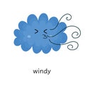Windy weather flashcard for kids with cute cloud. Cloudy clipart in cartoon style Royalty Free Stock Photo