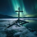 Weatherbeaten Driftwood Cross on Snowy Banks of Frozen River with Aurora Borealis AI Generated Royalty Free Stock Photo