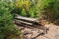 Weatherd picnic table in a forest clearing