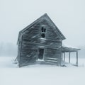 Weathered, abandoned wooden house tilted under heavy snowfall in a wintry landscape. Royalty Free Stock Photo