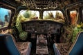 weathered airplane cockpit filled with desert plants