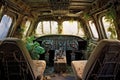 weathered airplane cockpit filled with desert plants