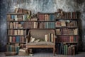 weathered antique bookshelf filled with old books