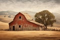 Weathered barn nestled among rolling hills. Generative AI