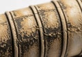 Weathered baseball, highlighting the leather surface with blackened, scuffed Royalty Free Stock Photo