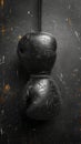 Weathered black boxing gloves hanging on a grunge backdrop with scratch marks. Concept of boxing training, worn sports