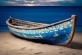 an weathered boat lying in front of a dark blue sea on the strand