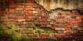 Weathered brick wall texture with missing mortar and moss. Generative AI Royalty Free Stock Photo
