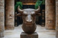 Weathered bronze bull statue in ancient architectural setting