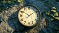 A weathered clock rests on a sunlit stone surface, surrounded by green ivy leaves, AI Royalty Free Stock Photo