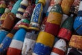 Weathered colorful old lobster buoys