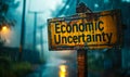 Weathered Economic Uncertainty sign amidst a heavy downpour symbolizing the gloomy forecast and instability in financial markets Royalty Free Stock Photo