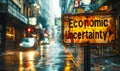 Weathered Economic Uncertainty sign amidst a heavy downpour symbolizing the gloomy forecast and instability in financial markets Royalty Free Stock Photo