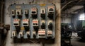a weathered electrical panel with numerous circuit breakers mounted on a concrete wall in a dilapidated industrial setting, showin Royalty Free Stock Photo