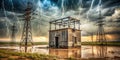 A weathered electrical substation endures a powerful thunderstorm, surrounded by flooded fields and tall transmission towers, Royalty Free Stock Photo