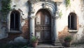 Weathered entrance door window doorway entry front facades old house castle flower flowerpot decorated plant blossom bloom Royalty Free Stock Photo