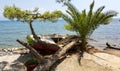 Weathered fishing boat lying on a rocky beach on Petalidi, Messinia, Greece Royalty Free Stock Photo