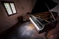 A weathered grand piano inside of an abandoned villa