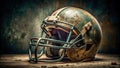 A weathered gridiron helmet rests on a rustic surface. Generative AI Royalty Free Stock Photo