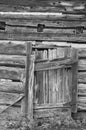 Weathered grungy old log cabin wall with old wooden door background wallpaper Royalty Free Stock Photo