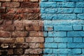 Weathered Half Painted In Blue Brick Wall