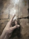 A weathered hand slips a note through a crack in an ancient stone wall a bolt of lightning illuminating the sky above