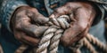 Seasoned hands tying a sturdy rope knot Royalty Free Stock Photo