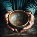 Weathered hands, empty bowl on wood backdrop, evoke the harshness of hunger