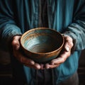 Weathered hands, empty bowl on wood backdrop, evoke the harshness of hunger Royalty Free Stock Photo