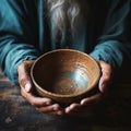 Weathered hands, empty bowl on wood backdrop, evoke the harshness of hunger Royalty Free Stock Photo