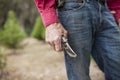 Weathered hands holding pruning shears Royalty Free Stock Photo