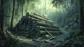 A weathered log pile in a dense forest with axes and saws scattered nearby pic Royalty Free Stock Photo