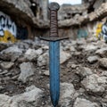 Weathered medieval sword stuck in the ground Royalty Free Stock Photo
