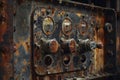 Weathered metal box with four knobs showing signs of age and rust, A rusted and weathered apparatus with a sense of history and