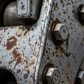 Weathered metal surface featuring rust patches and scratch marks. Prominent hexagonal bolts are Royalty Free Stock Photo