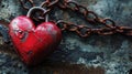 Weathered metallic red heart chained on rustic metal background, Valentine\'s Day Theme, AI Generative illustration