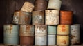 Weathered milk cans stacked in row Royalty Free Stock Photo