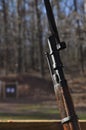 Weathered Mosin Nagant Wood Gun Rifle Stock with Bayonet Attached and Targets in the Background Royalty Free Stock Photo