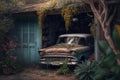 a weathered old garage with a vintage car parked inside, surrounded by greenery and flowers. Royalty Free Stock Photo
