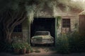 a weathered old garage with a vintage car parked inside, surrounded by greenery and flowers. Royalty Free Stock Photo