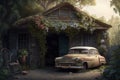 a weathered old garage with a vintage car parked inside, surrounded by greenery and flowers. Royalty Free Stock Photo