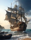 A weathered old pirate ship, its sails tattered and torn, creaking in the salty sea breeze.