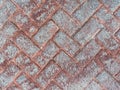 Weathered overhead view worn red stone paver cobblestone road street historic diagonal architectural background