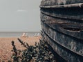 Remains old wooden boat rotting away in foreground on Brighton Beach Royalty Free Stock Photo